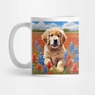 Golden Retriever Puppy in Texas Wildflower Field Mug